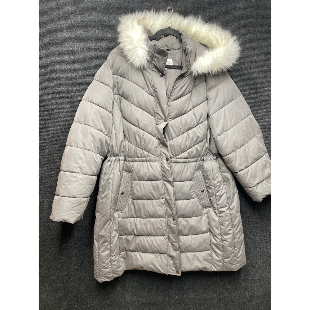 Ava & Viv Women's 3X Gray‎ Puffer Coat Faux Fur Trim Hooded Parka Jacket